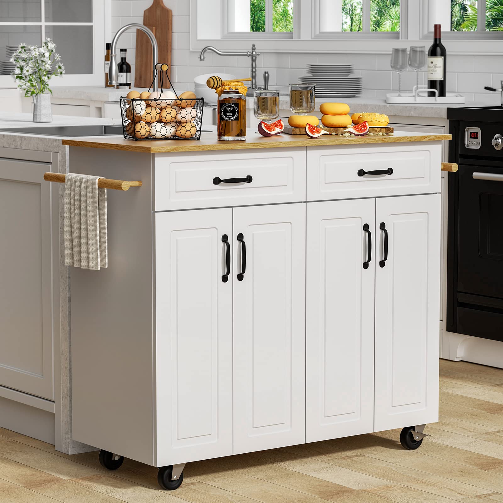 4 EVER WINNER Isla de Cocina Blanca con Almacenamiento sobre Ruedas, Carrito de Cocina Móvil con 2 Cajones y 4 Gabinetes de Almacenaje, Encimera de Madera, Barras para Toallas, Estantes Ajustables