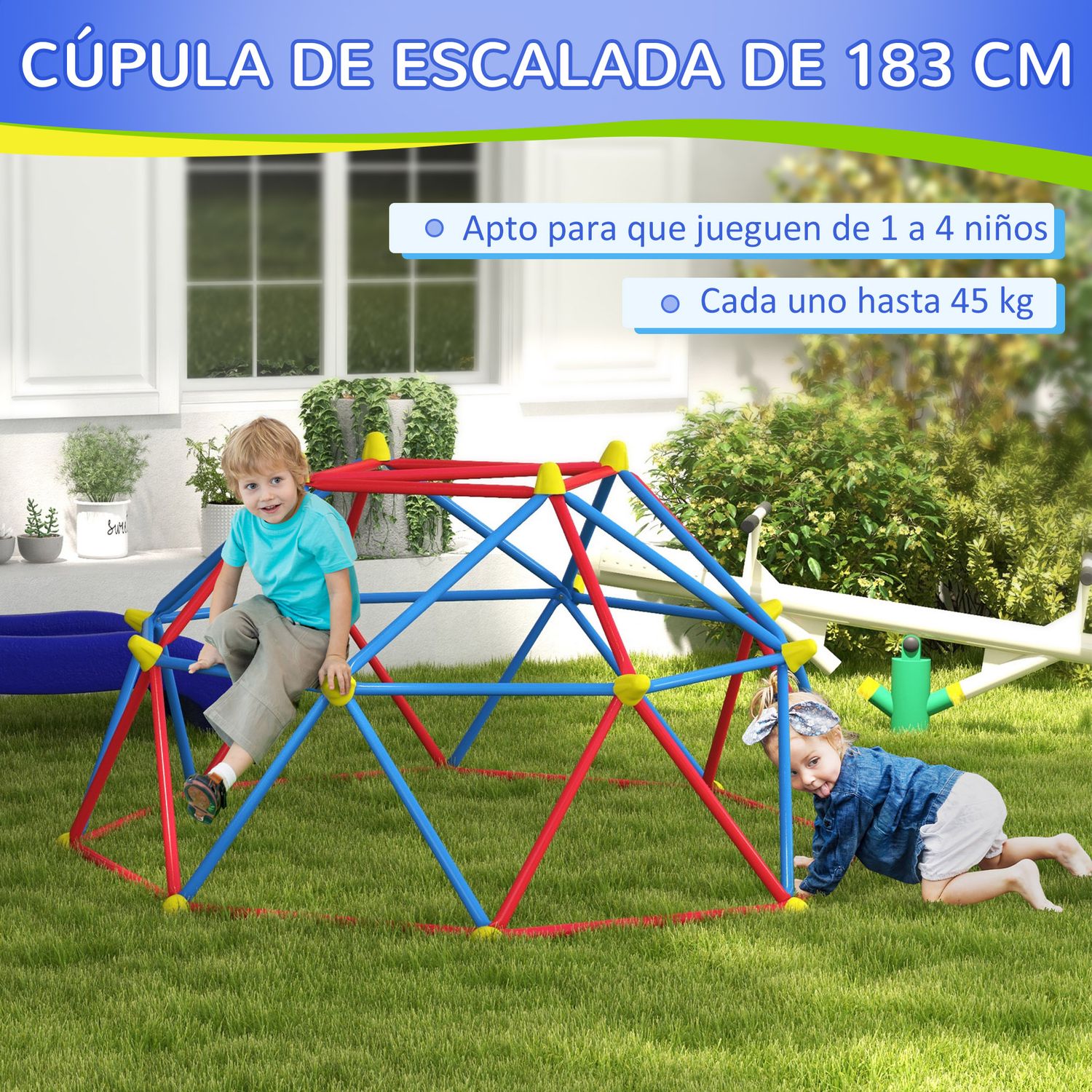 Cúpula De Escalada De Metal Pp Ø183x90 Cm-outsunny. Rojo Y Azul