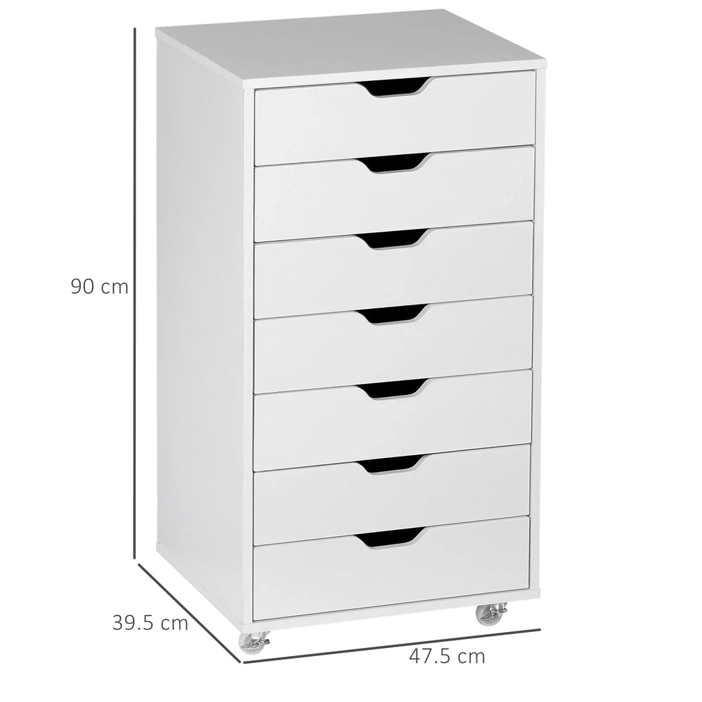 Cajonera Vertical de 7 Cajones, Mueble de Oficina Móvil con Ruedas, Blanco