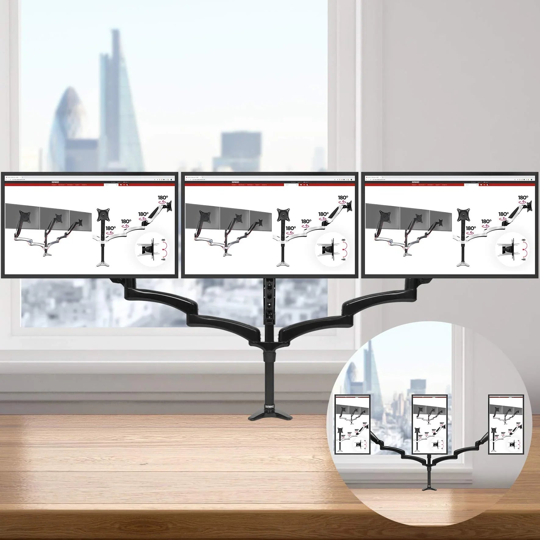 2025 Duronic Soporte para Monitor DM553 | Soporte triple para escritorio PC | NEGRO | Aluminio | Altura ajustable | Para tres pantallas LED/LCD de 15-27 pulgadas | Compatible con VESA 75/100 | Capacidad de 5 kg por pantalla