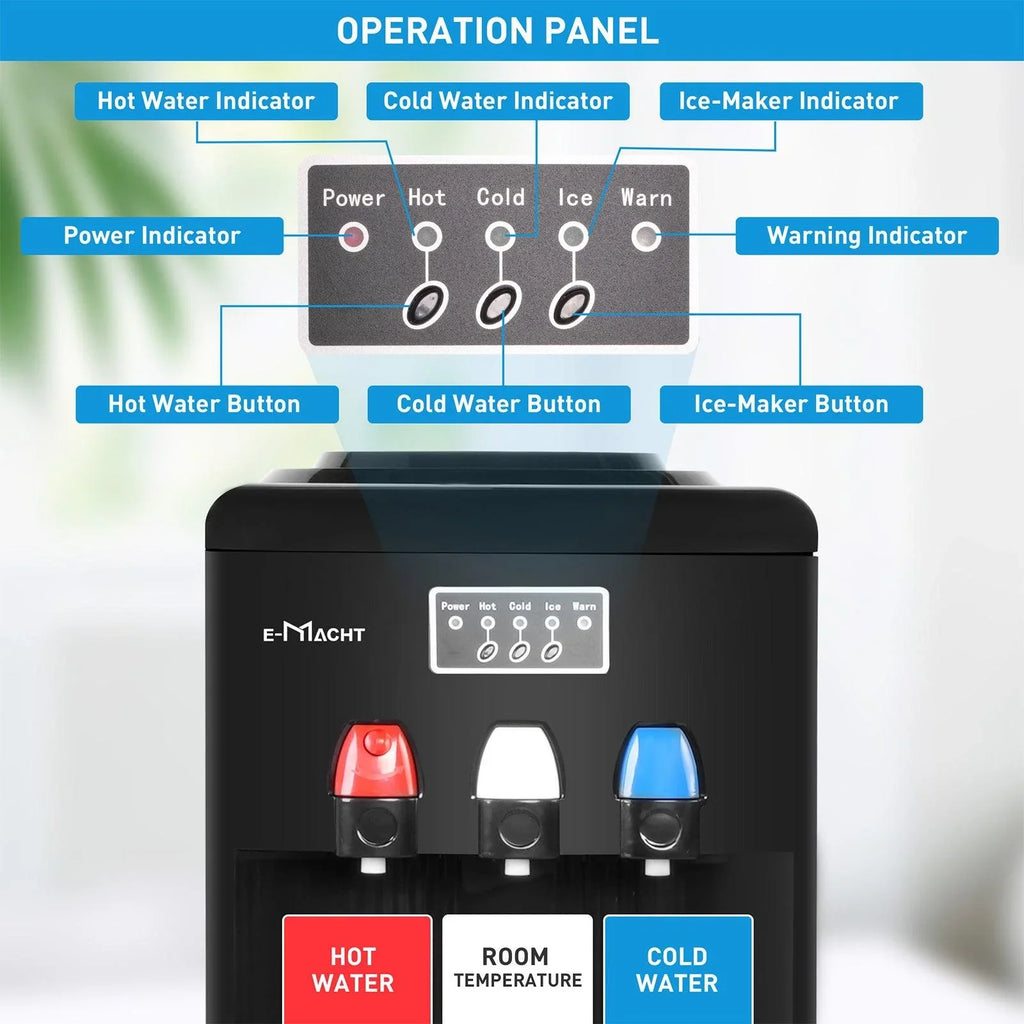 Dispensador de agua 2 en 1 con fábrica de hielo – Para botellas de 3 a 5 galones – Seguridad infantil – Negro