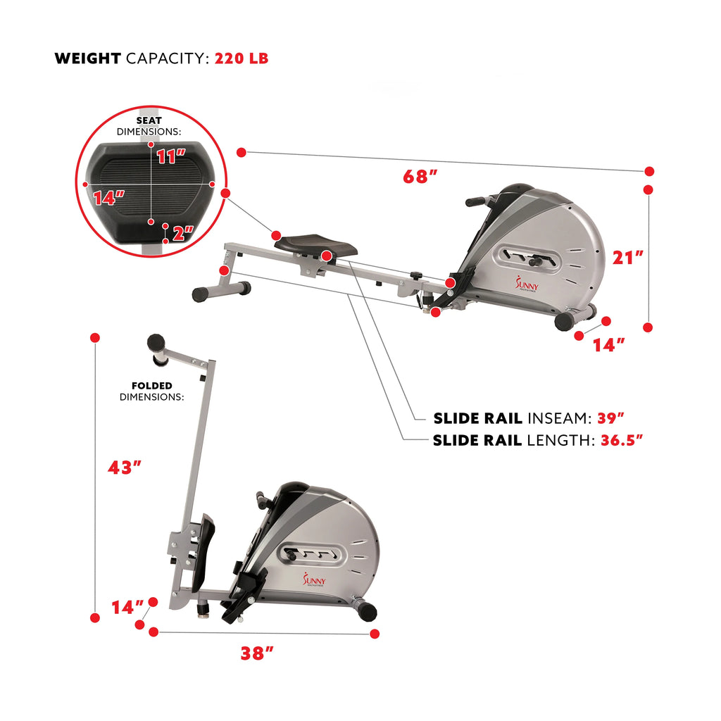 Remo con cuerda elástica Sunny Health & Fitness, pantalla LCD para un entrenamiento completo en casa, modelo SF-RW5606.
