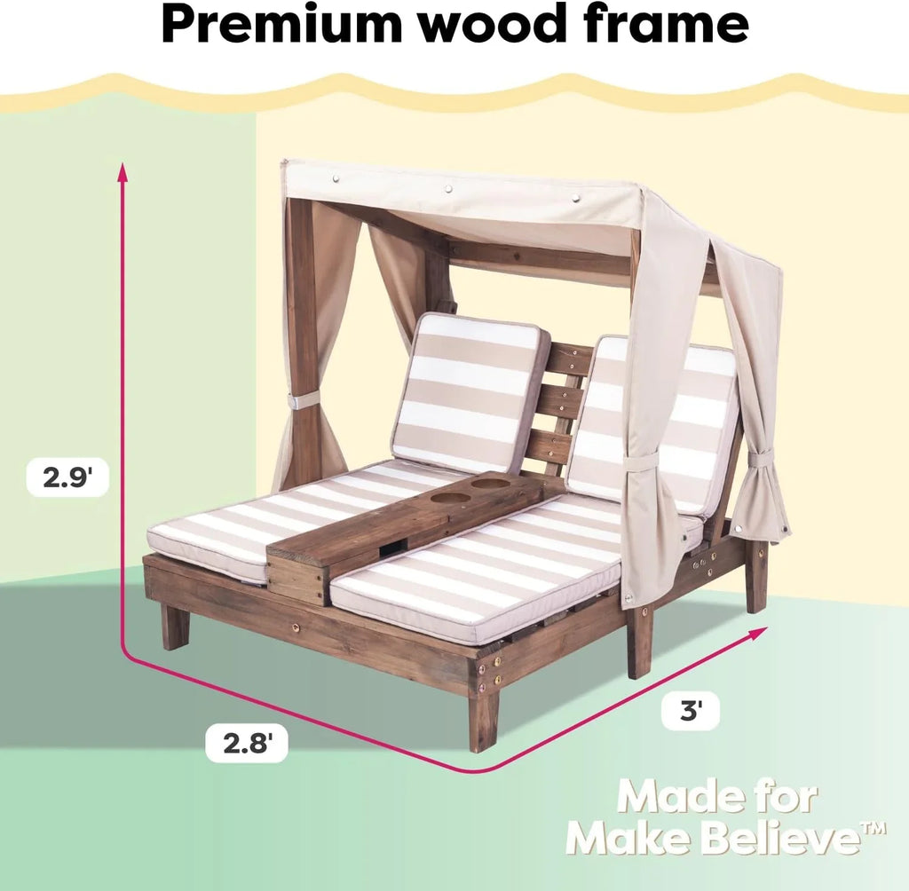 Tumbona Doble de Madera para Niños KidKraft con Porta Vasos, Muebles de Jardín para Niños, Color Miel con Tela a Rayas Azul Marino y Blanco, Regalo para Niños de 3 a 8 Años