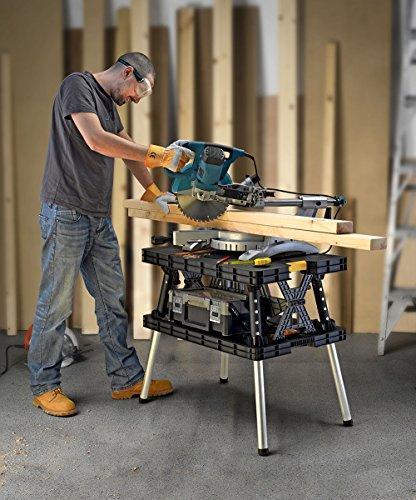 Keter – Banco de Trabajo Plegable Modelo 197283 para Sierra Ingleteadora, Herramientas y Accesorios de Carpintería con Abrazaderas de Madera de 12 Pulgadas Incluidas – Fácil Almacenamiento en Garage, Color Negro/Amarillo