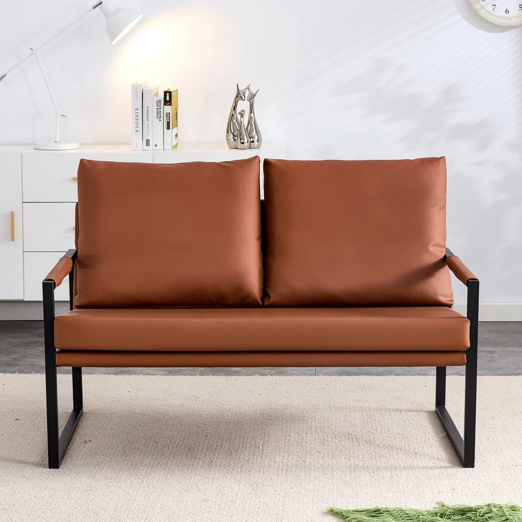 Sofá moderno de dos plazas con 2 cojines – cuero sintético, relleno de espuma de alta densidad, estructura metálica negra lacada. Color: marrón.