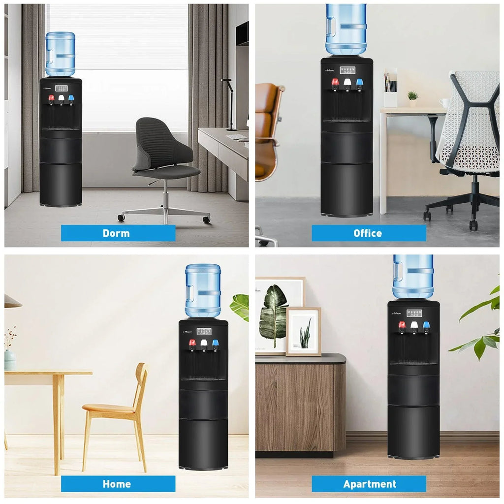 Dispensador de agua 2 en 1 con fábrica de hielo – Para botellas de 3 a 5 galones – Seguridad infantil – Negro