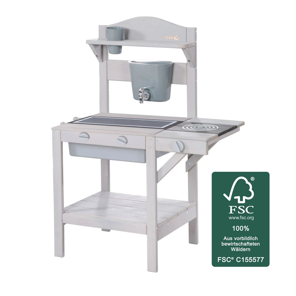 Cocina de juego al aire libre con accesorios – Madera certificada FSC – Acabado en gris grabado