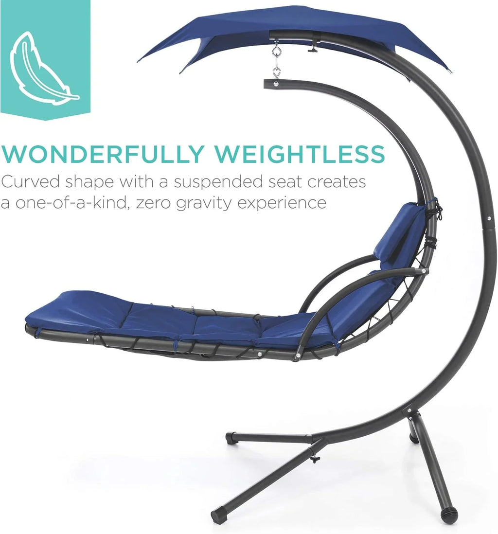 Chaise Longue Suspendue de Exterior Best Choice Products – Silla Balancín Curvada de Acero con Cojín Integrado y Toldo Desmontable – Gris Carbón