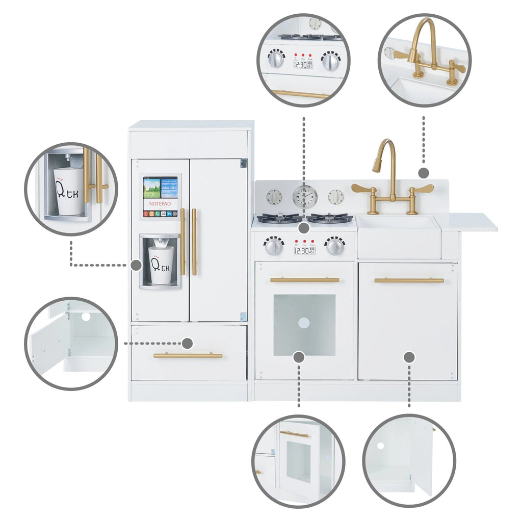 2025 Cocina Moderna para Niños Teamson Little Chef Charlotte con Refrigerador Independiente, Unidad de Cocina Separada y Características Interactivas, Blanca/Dorada