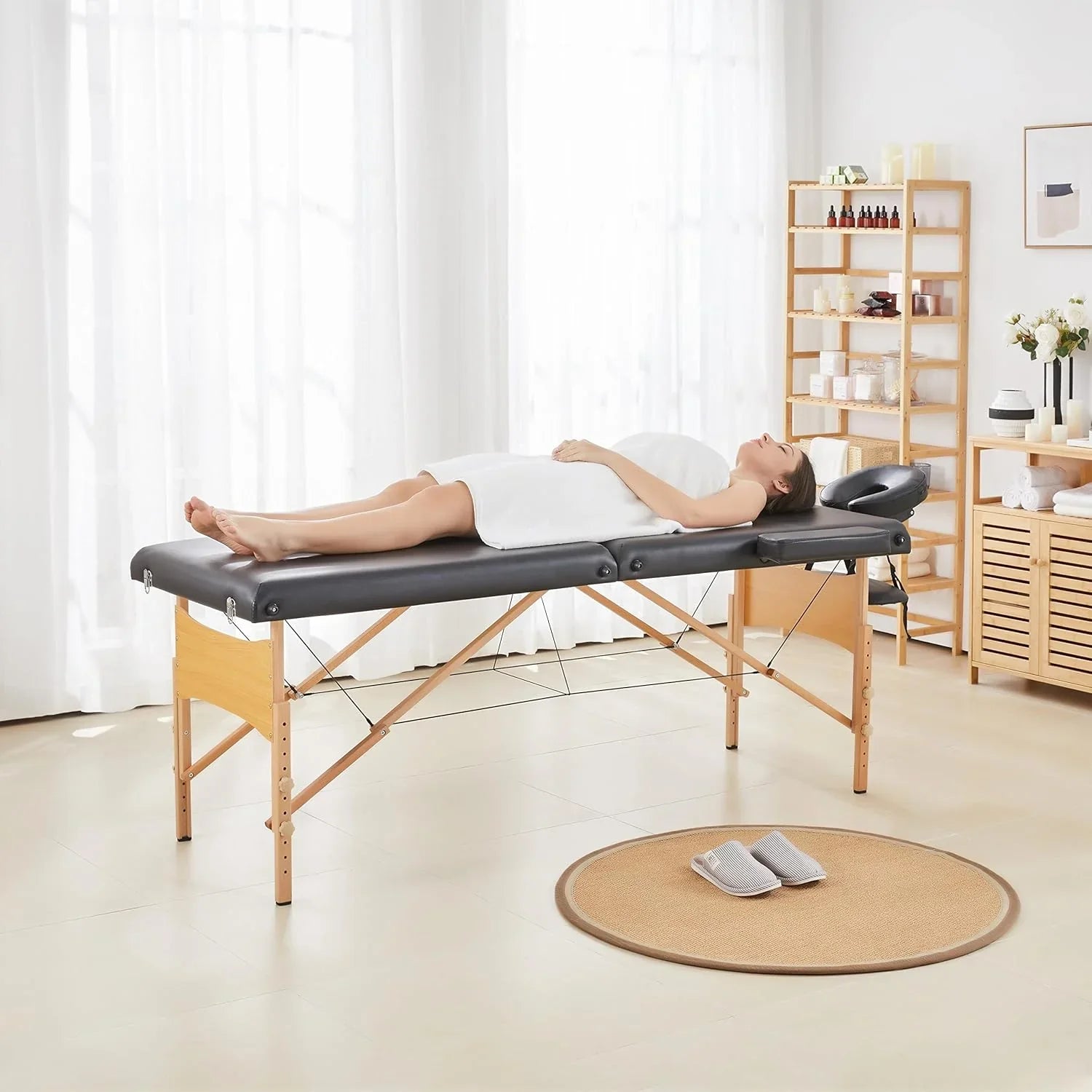 Mesa de Masajes Yaheetech – Mesa Plegable Portátil para Tratamientos, Pestañas, Spa – Mesa de Masaje Ajustable en 2 Secciones con Bolsa No Tejida, 24 pulgadas, Negra