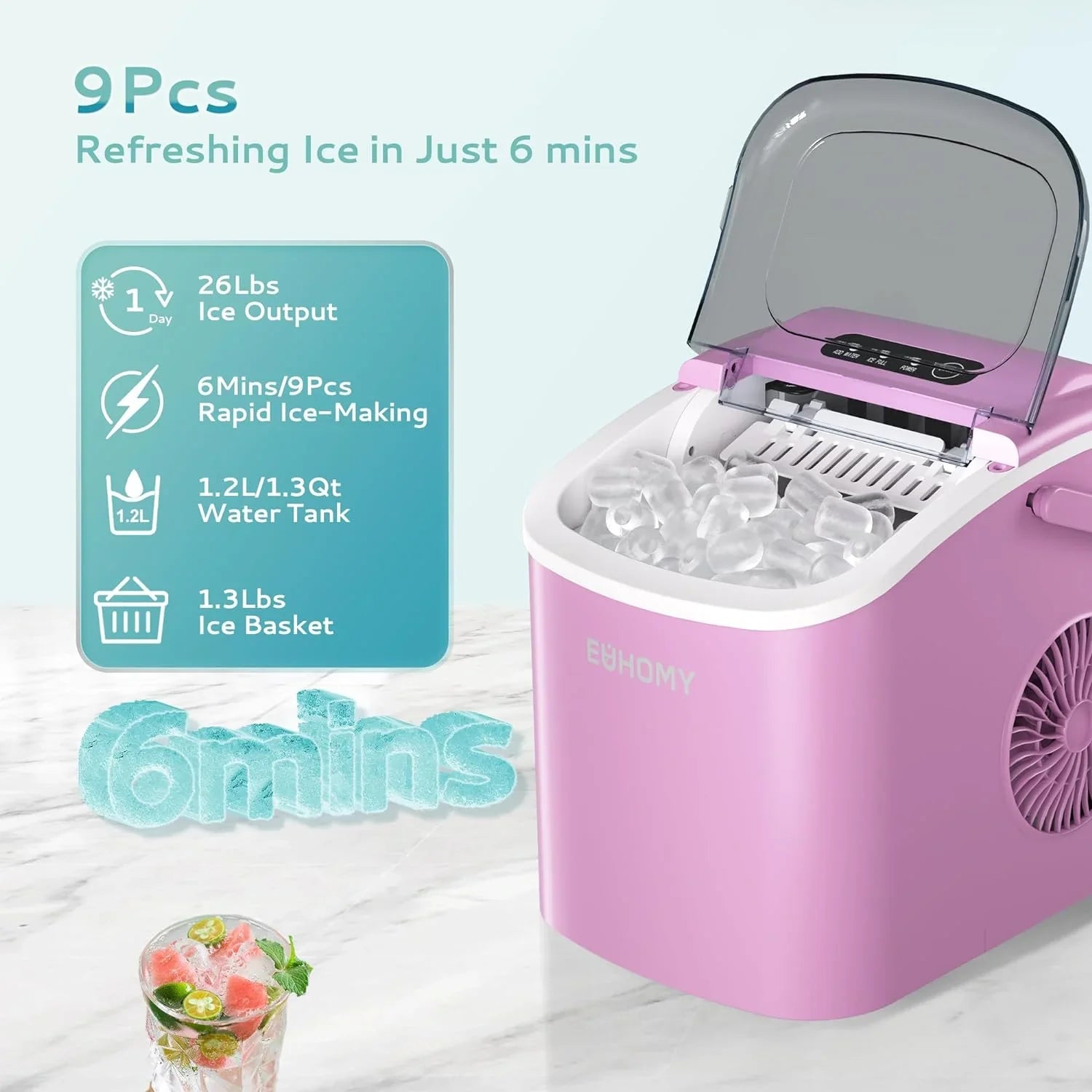 2025 Máquina de hielo portátil EUHOMY 12'' Rosa – Ultra silenciosa con asa