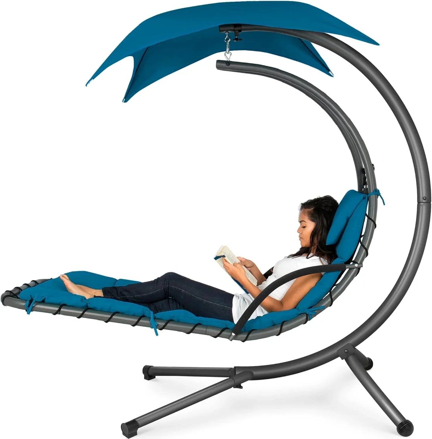 Chaise Longue Suspendue de Exterior Best Choice Products – Silla Balancín Curvada de Acero con Cojín Integrado y Toldo Desmontable – Gris Carbón
