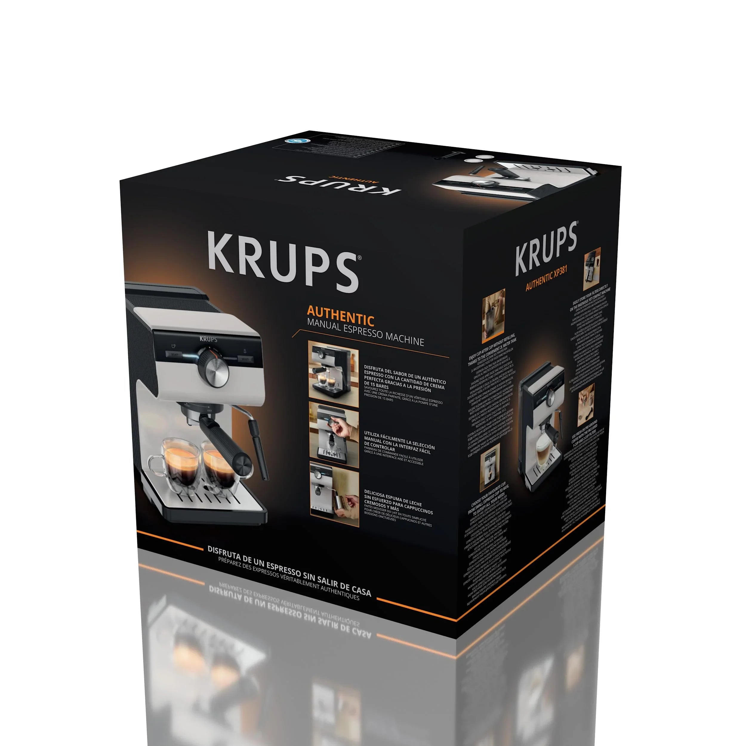 Krups Virtuoso Essential - Cafetera espresso 15 bar, acero inox negro, diseño compacto y elegante, parada automática, espresso y cappuccino, Thermoblock, boquilla de vapor, incluye cuchara, XP4418
