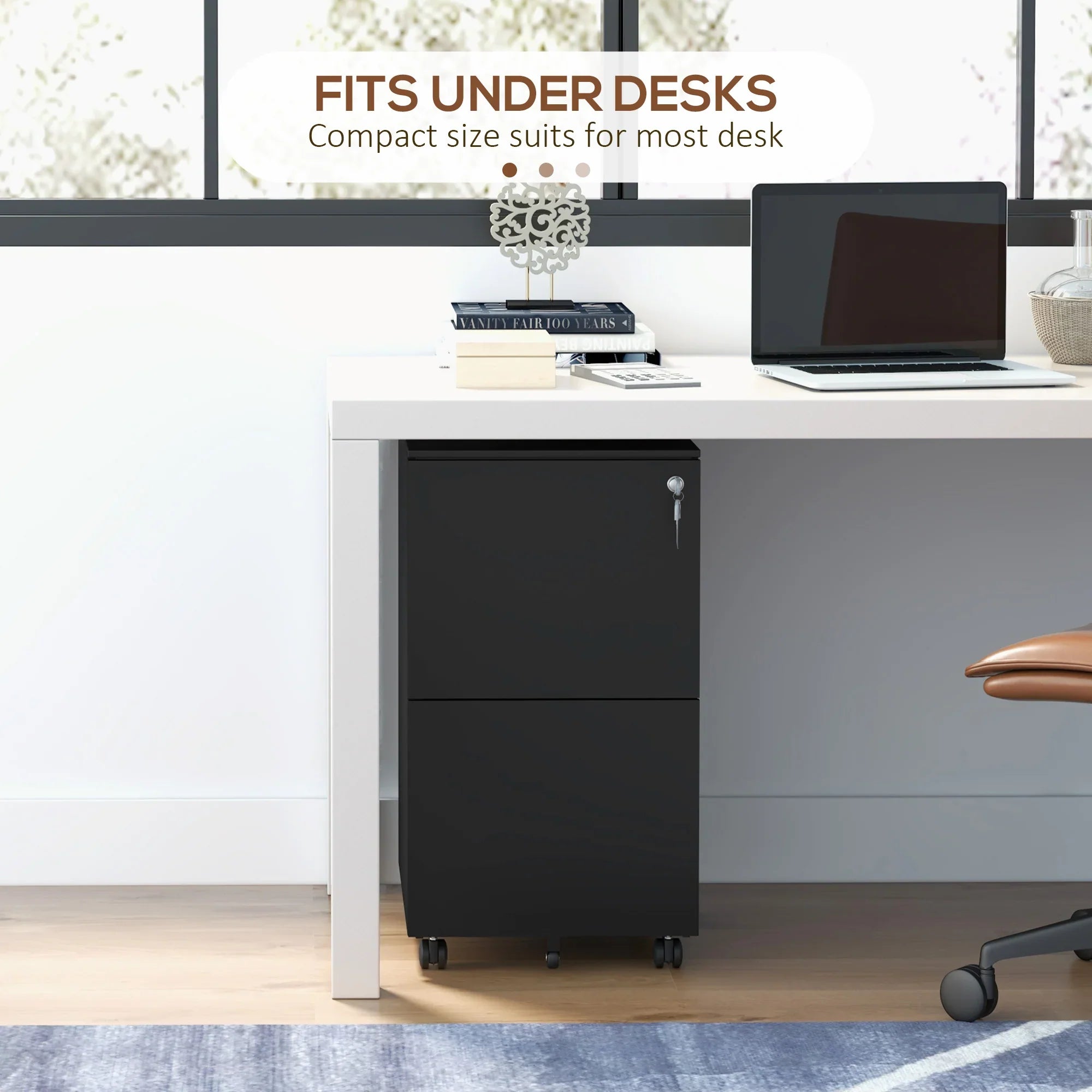 Archivador Móvil de Acero con 2 Cajones y Cerradura, Mueble de Oficina para Debajo del Escritorio, Negro