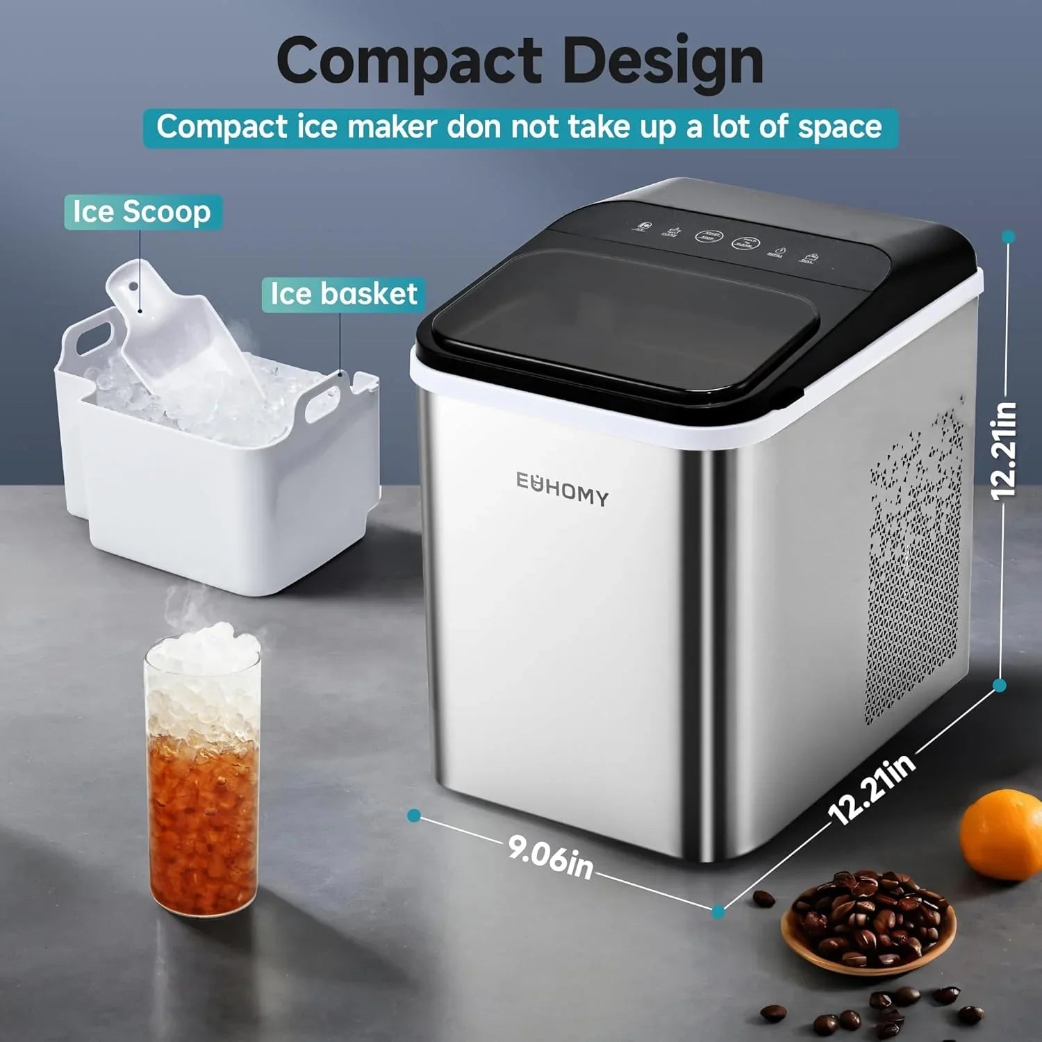 Fabricante de Hielo en Piezas EUHOMY para Mostrador – Listo en 8 Minutos, 16 kg/24H, Autolimpiante, Máquina de Hielo Portátil con Pala y Cubeta, Hielo Sonic Comestible para Casa, Fiestas, Camping o Caravana
