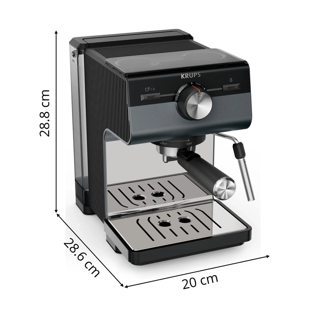 Krups Virtuoso Essential - Cafetera espresso 15 bar, acero inox negro, diseño compacto y elegante, parada automática, espresso y cappuccino, Thermoblock, boquilla de vapor, incluye cuchara, XP4418