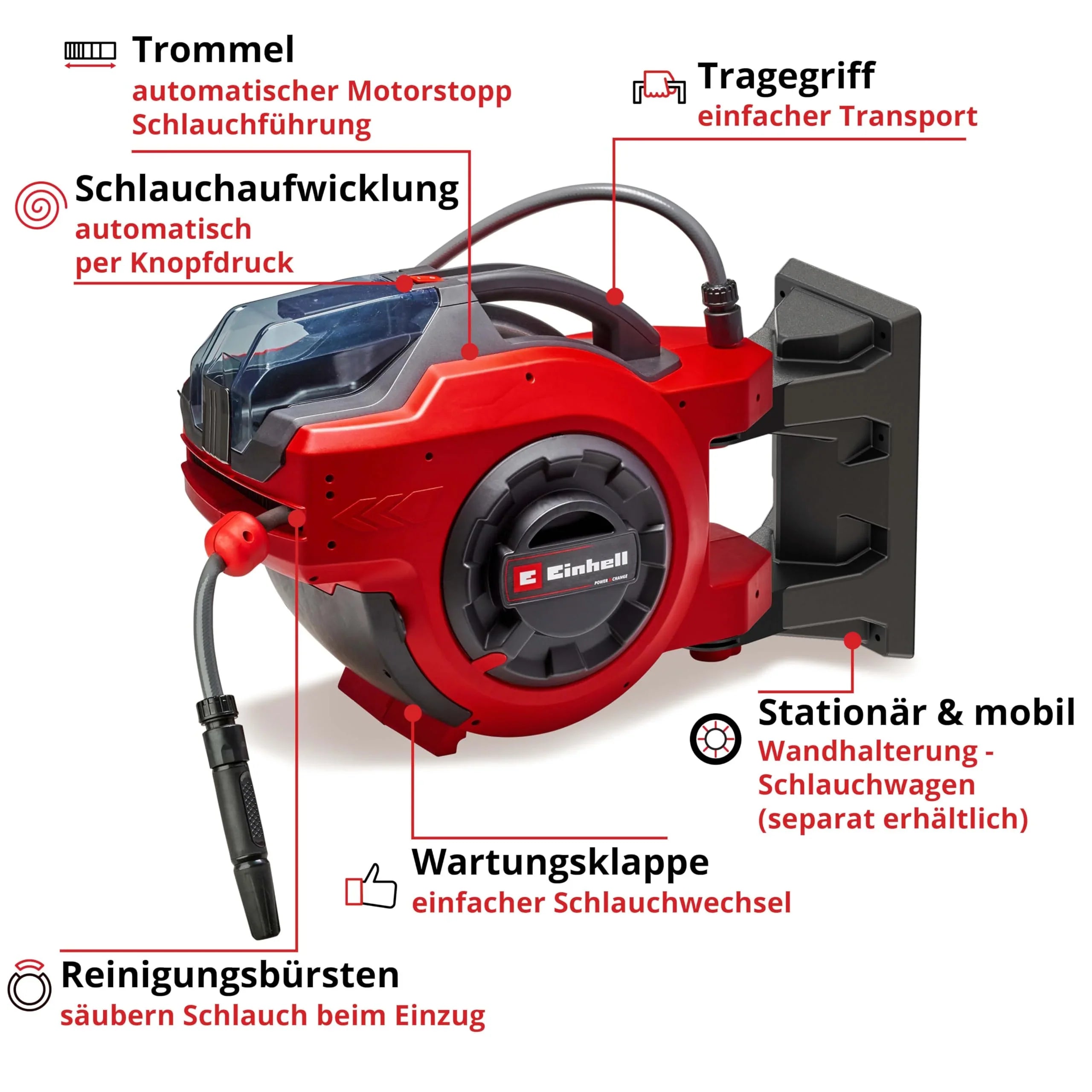 2025 Enrollador de Manguera a Batería Einhell GE-HR 18/30 Li-Solo Power X-Change (18 V, Enrollado Automático, Giro hasta 180°, Montaje en Pared, Manguera de Jardín de 30 m con Pulverizador, sin Batería)