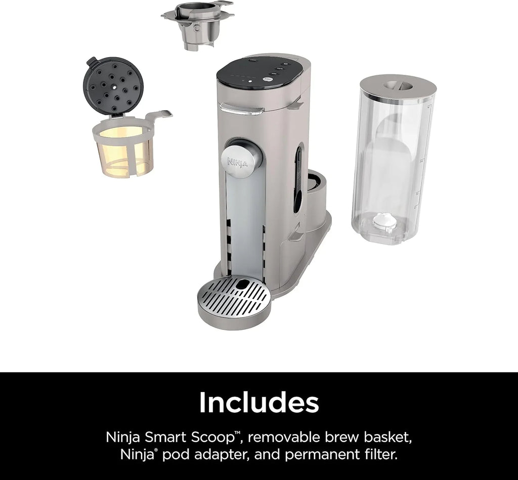 2025 Cafetera de porción individual Ninja Pods & Grounds, compatible con K-Cup, prepara café molido o cápsulas, diseño compacto, depósito de 56 oz, tamaños de taza de 6 oz a 24 oz para viaje, café frío, color piedra, modelo PB041ST