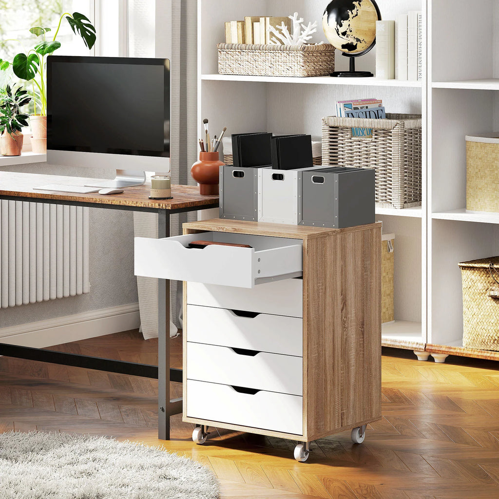 Cajonera Vertical de 5 Cajones, Mueble de Oficina Móvil con Ruedas, Roble