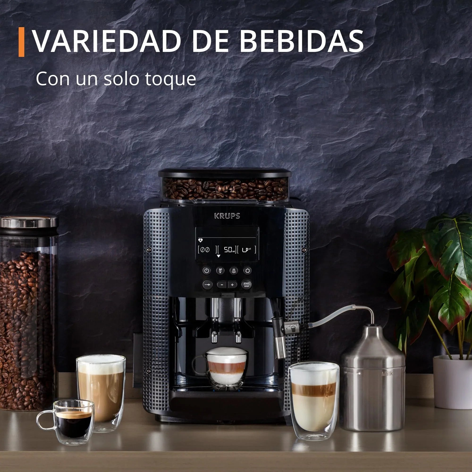 2025 Krups Essential - Cafetera súper automática, 15 Bares de presión, Molinillo cónico de Metal, con selección de cantidad e Intensidad de café, 1.7 l, 1 Cups, Acero, Pantalla LCD + Acc. Leche