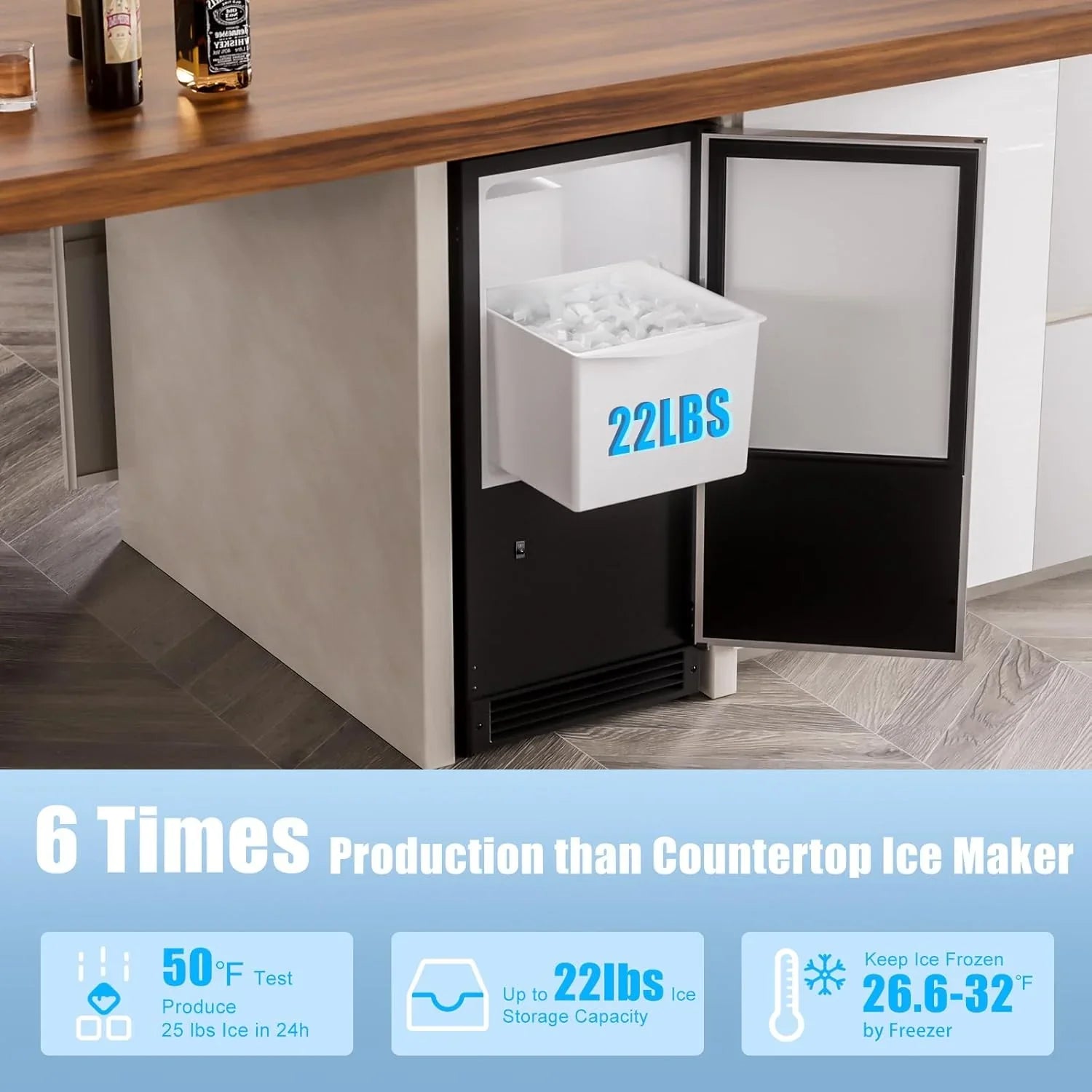 2025 COTLIN Máquina de Hielo Empotrable Sin Drenaje – Capacidad de 22 lb, Hielo en Forma de Media Luna, Acero Inoxidable, Uso Doméstico o Comercial, Certificada ETL
