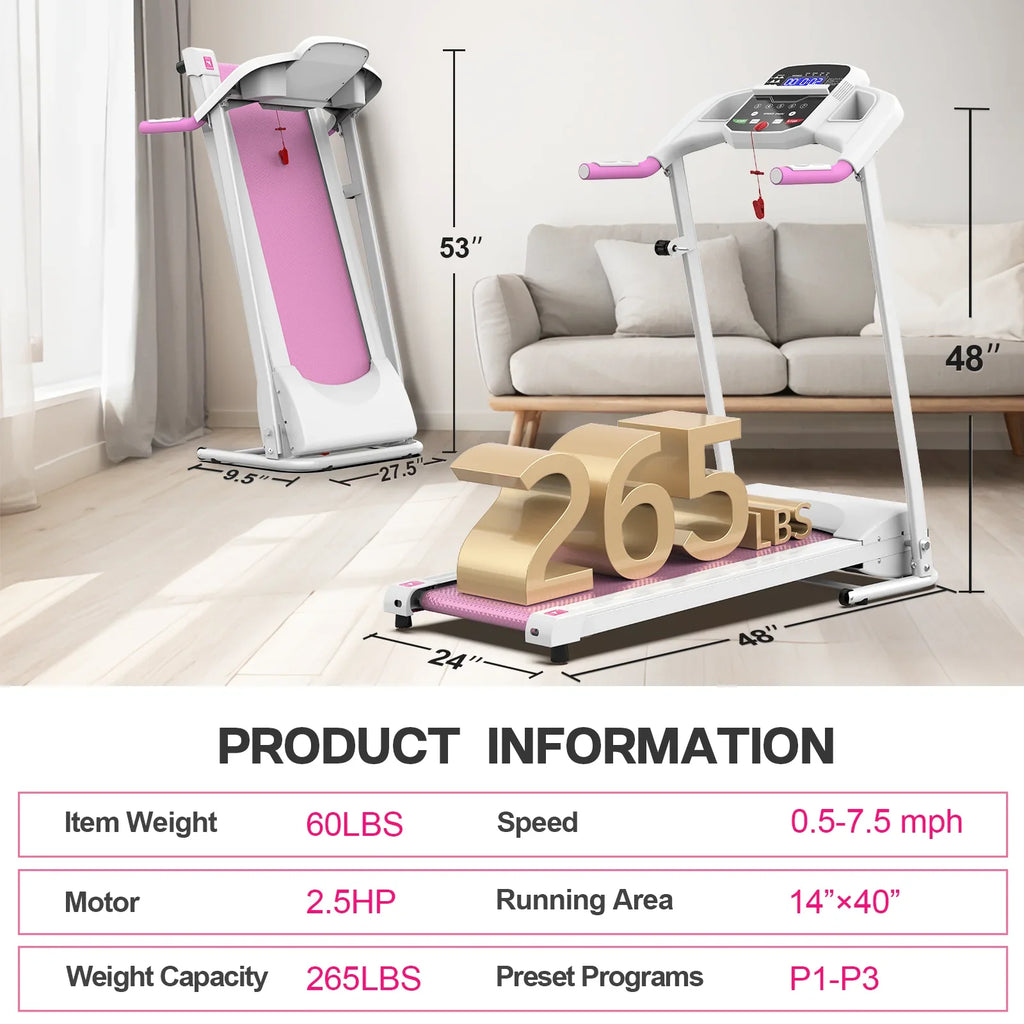 Cinta de correr plegable FYC para el hogar, 2,5 HP, velocidad hasta 12 km/h, motor eléctrico sin escobillas silencioso Proform para gimnasio en casa, tapiz con sensor de frecuencia cardíaca y pantalla LED (rosa)