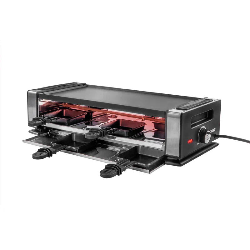 2025 Raclette Delice Basic – Parrilla de mesa para 8 personas con placa antiadherente y sartenes, termostato ajustable continuamente