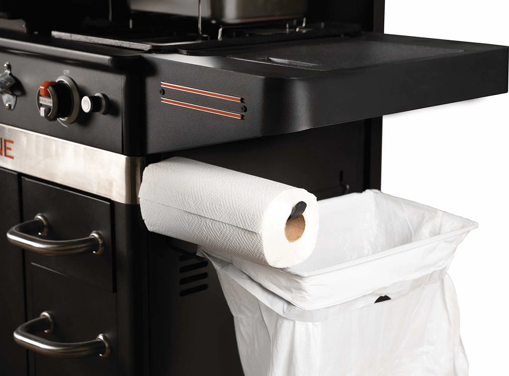 Blackstone 1962 Combo Freidora de Aire + 2 Quemadores con Campana de Acero Inoxidable, Ruedas y Estantes Laterales Dobles – Estación de Cocina Exterior Robusta de 28 Pulgadas para Jardín y Terraza – Negra