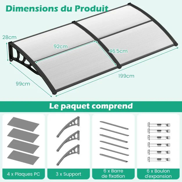 2025 Auvent para puerta de entrada de 199 x 99 cm, marquesina para puerta y ventana exterior, protección contra lluvia, nieve y viento, gris transparente
