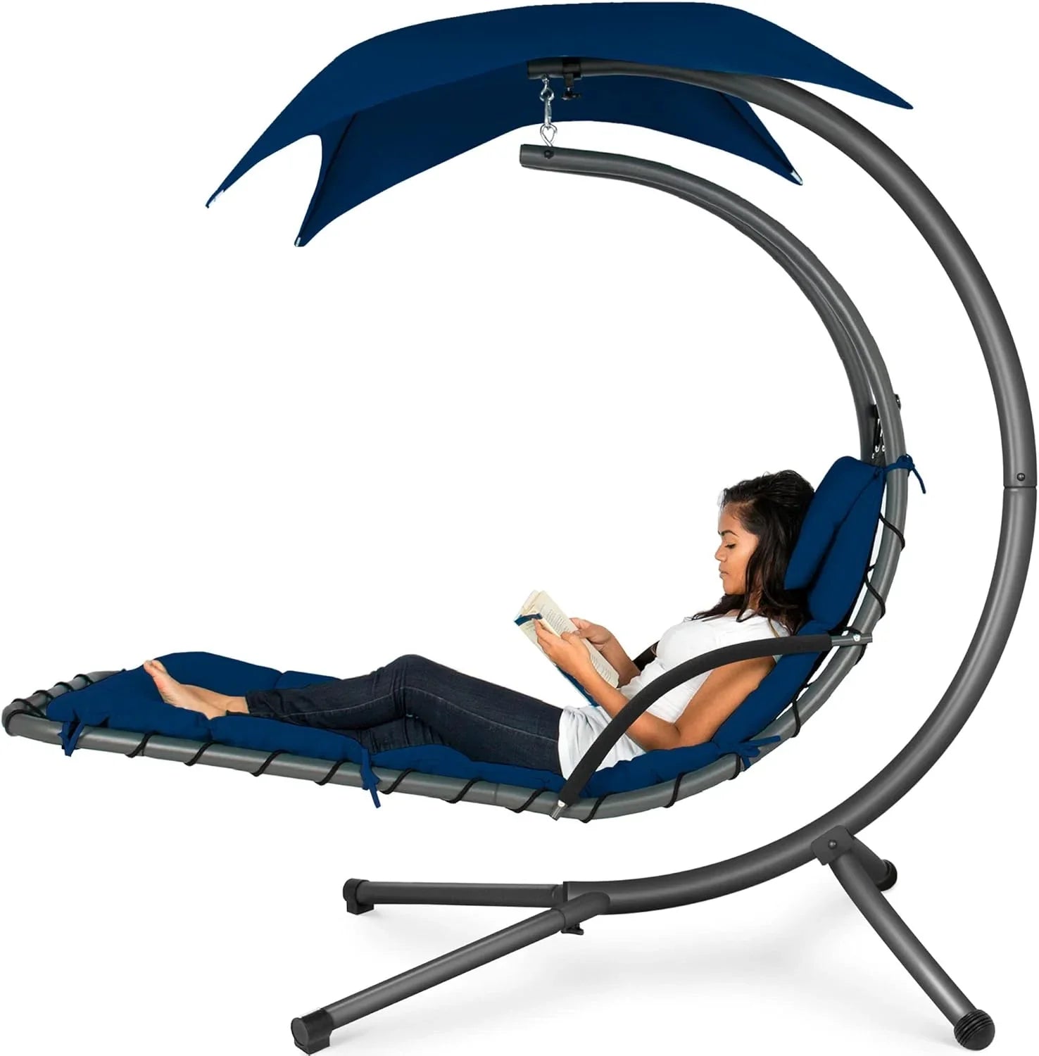 Chaise Longue Suspendue de Exterior Best Choice Products – Silla Balancín Curvada de Acero con Cojín Integrado y Toldo Desmontable – Gris Carbón