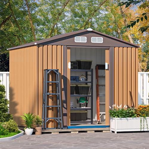 JAXPETY Cobertizo de Jardín y Almacenamiento Exterior de 6×8 Pies – Cobertizo Metálico para Herramientas con Puertas Corredizas para Patio, Jardín o Exteriores – Color Coffee