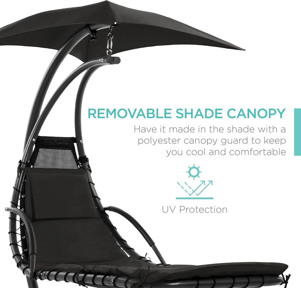 Chaise Longue Suspendue de Exterior Best Choice Products – Silla Balancín Curvada de Acero con Cojín Integrado y Toldo Desmontable – Gris Carbón