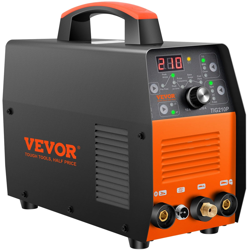 2025 Soldadora TIG VEVOR 210A 110/220V bi-tensión 3-en-1 con pulso, inversor IGBT y antorcha – soldadura TIG/MIG/MMA y limpieza para acero inoxidable, hierro, cobre y níquel