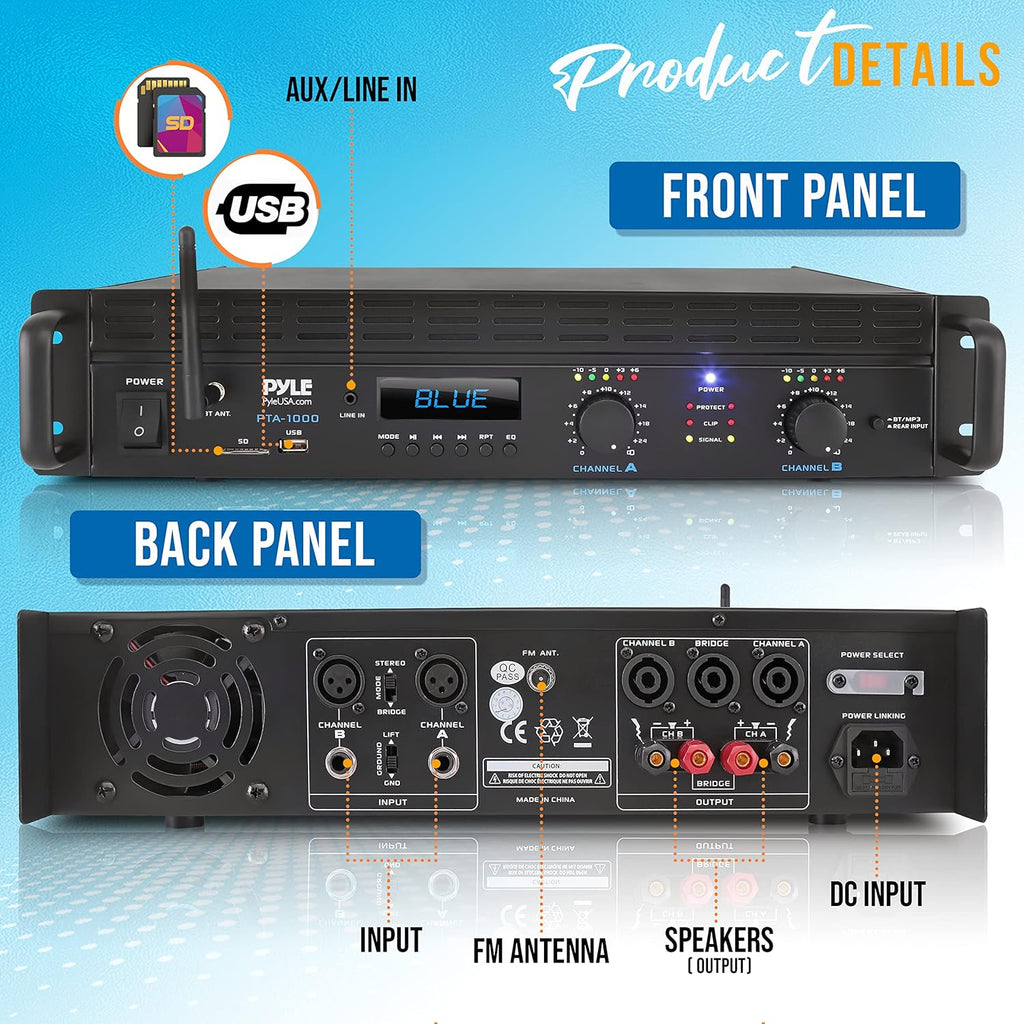2025 Amplificador Bluetooth de 2 Canales – 2000 W en Modo Puente, Amplificador de Audio Profesional para Rack de Estudio, Conectividad TRS/XLR, Pantalla LCD, Refrigeración por Ventilador