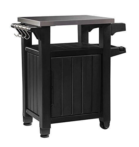 Keter Unity Mesa portátil al aire libre y gabinete de almacenamiento con ganchos para accesorios de parrilla: superficie de acero inoxidable para isla de cocina en patio o carrito de barra, color gris oscuro