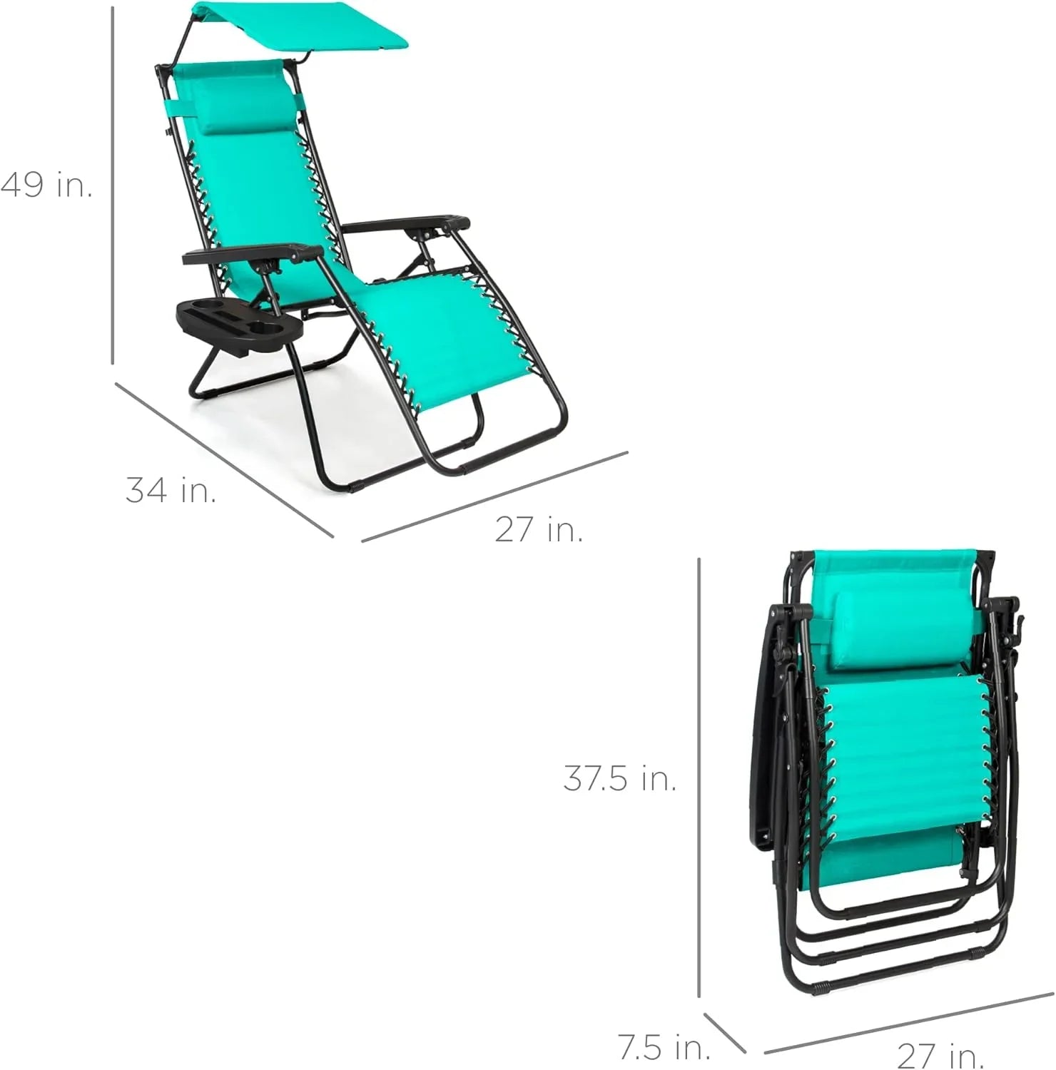 Best Choice Products – Silla Reclinable de Patio con Gravedad Cero, Ajustable y Plegable para Exteriores con Dosel, Almohada Cervical y Bandeja Lateral, Textileno – Azul Pavo Real