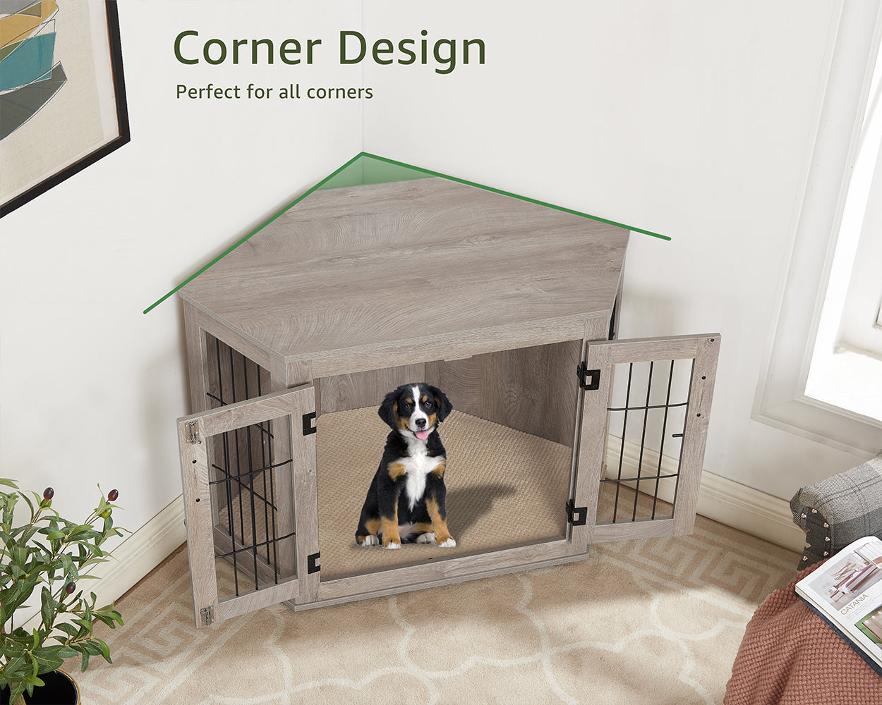 Mueble para Jaula de Perro Esquinero Unipaws, Perrera de Madera para Cachorros y Perros, Jaula para Mascotas para Espacios Limitados, Tamaño Mediano, Gris Envejecido