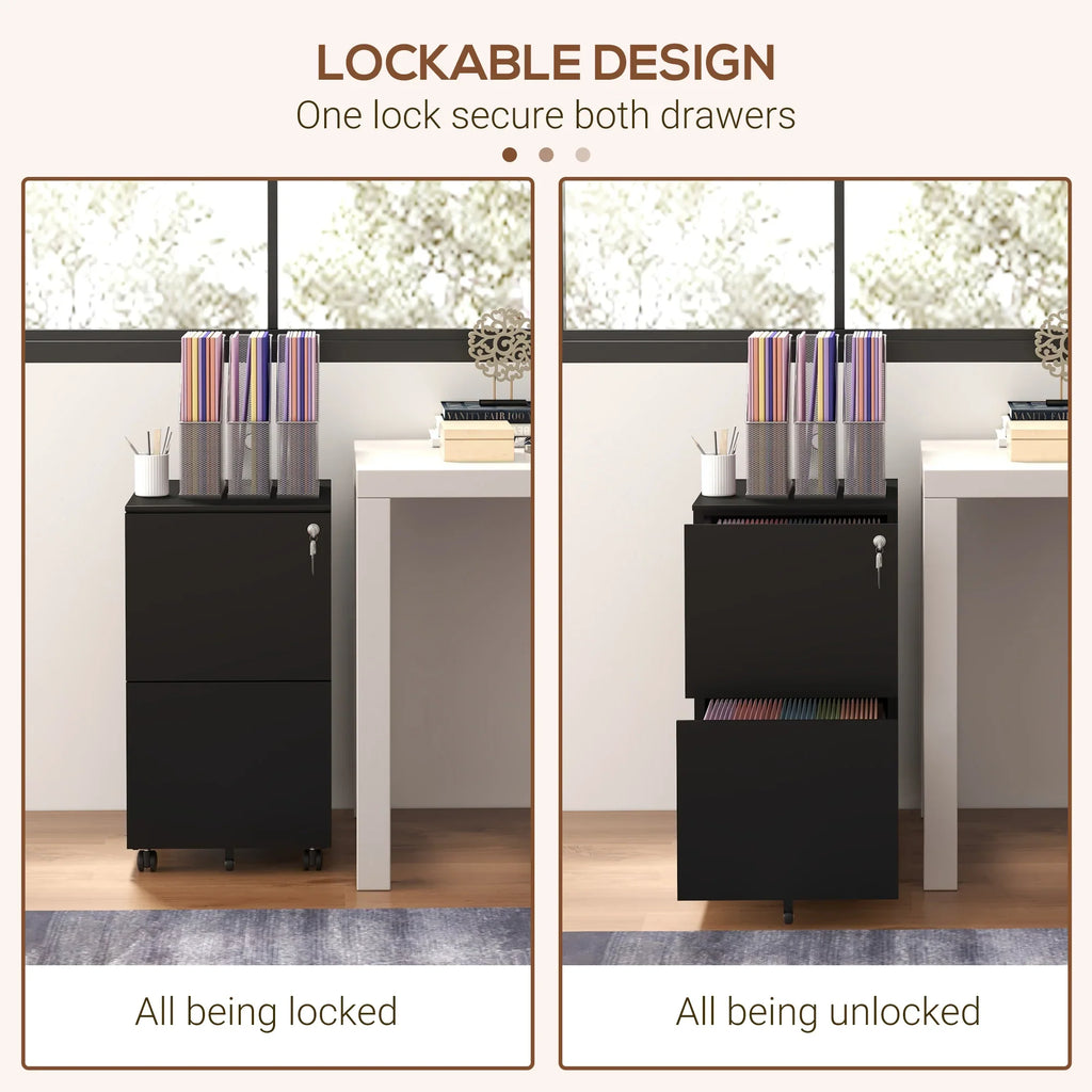 Archivador Móvil de Acero con 2 Cajones y Cerradura, Mueble de Oficina para Debajo del Escritorio, Negro
