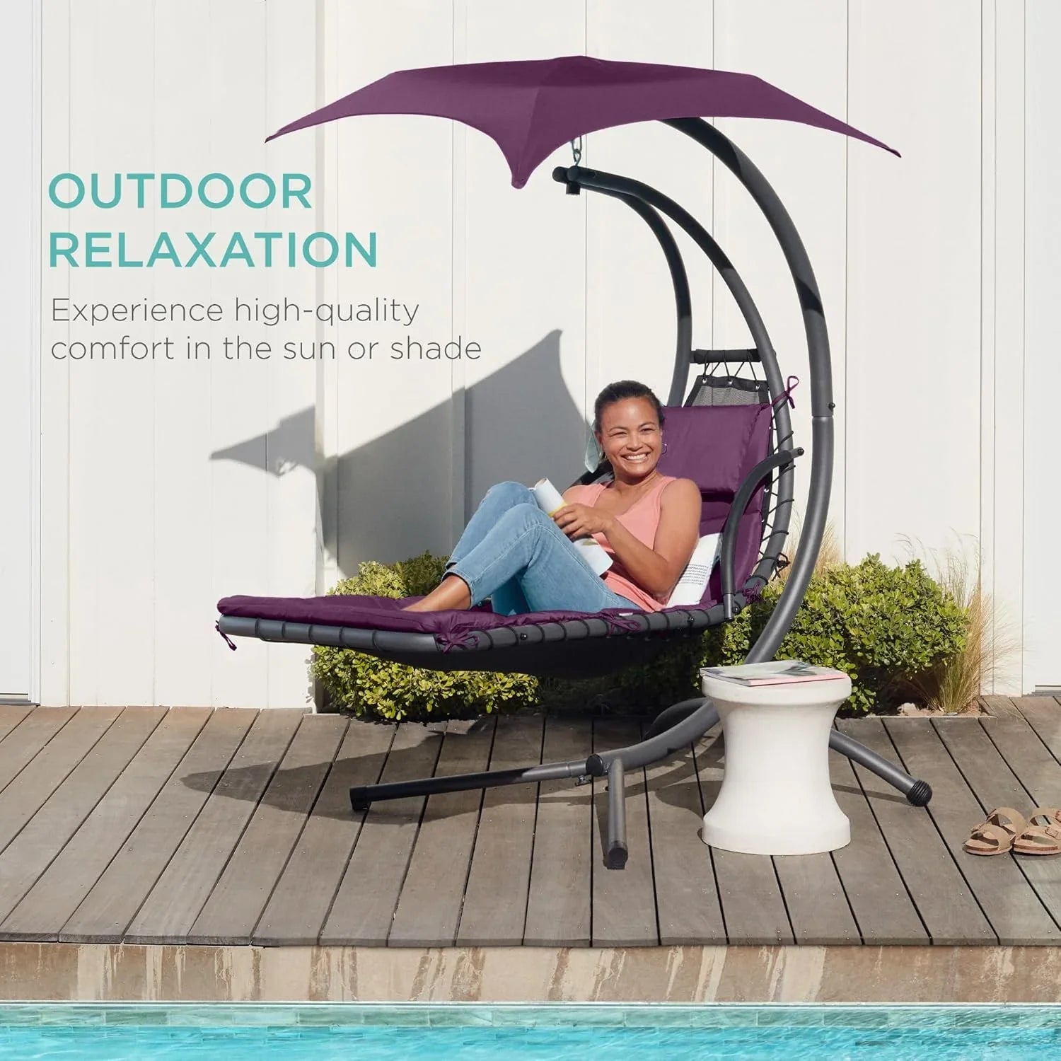 Chaise Longue Suspendue de Exterior Best Choice Products – Silla Balancín Curvada de Acero con Cojín Integrado y Toldo Desmontable – Gris Carbón
