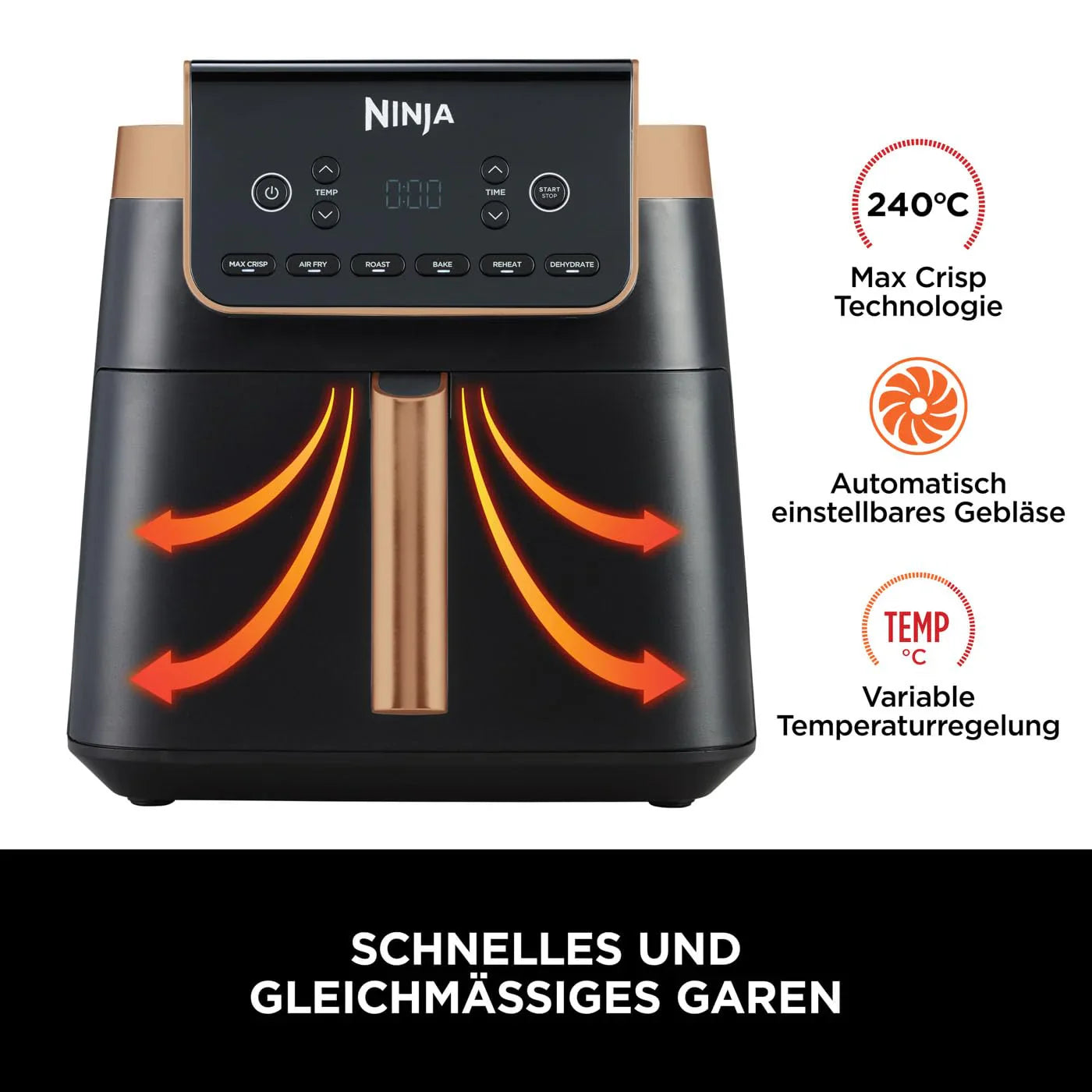 2025 Ninja Freidora de aire MAX PRO, 6,2 L Negro/Cobre, AF180EUCP + Set de cuchillos Ninja StaySharp Blanco, K62006EUWH + Sartén Ninja Foodi ZEROSTICK 28 cm, Gris, C30028EU
