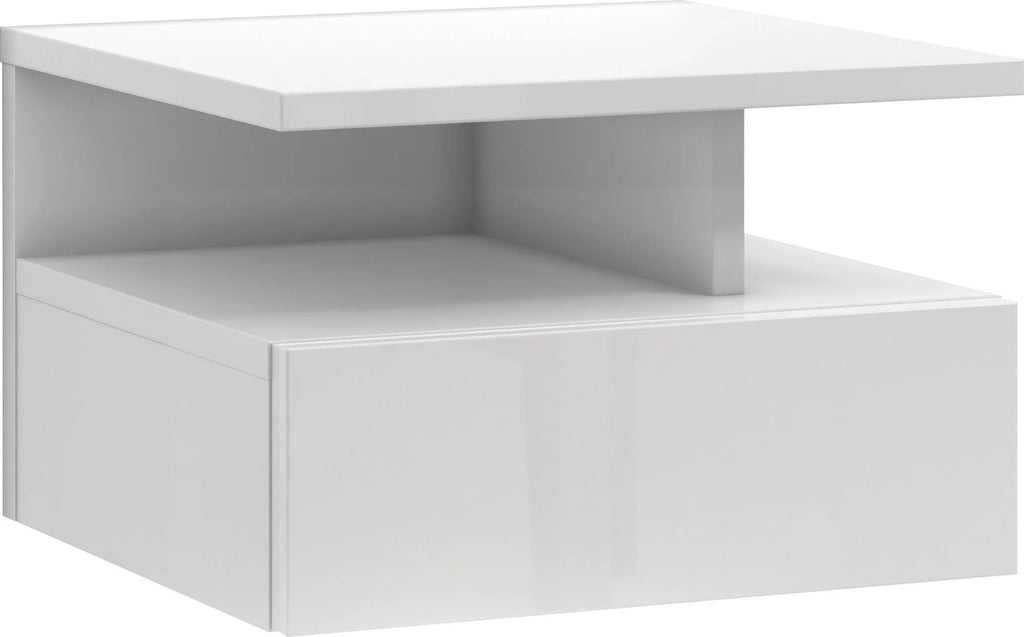 Mesita de noche suspendida Roma blanco brillante, con diseño minimalista de 35,5 cm de ancho
