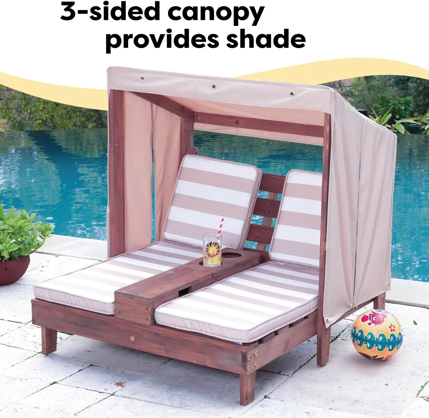 Tumbona Doble de Madera para Niños KidKraft con Porta Vasos, Muebles de Jardín para Niños, Color Miel con Tela a Rayas Azul Marino y Blanco, Regalo para Niños de 3 a 8 Años