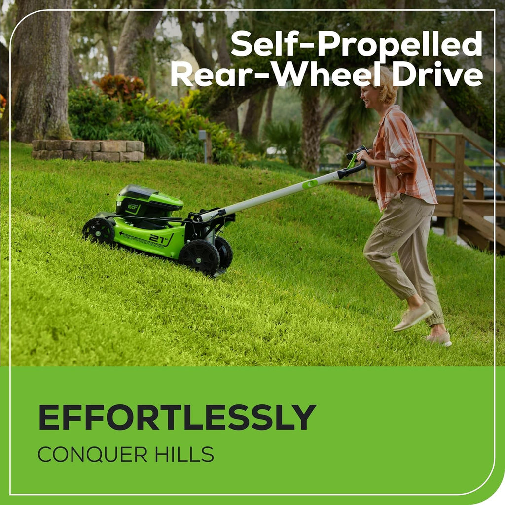2025 Cortacésped autopropulsado inalámbrico 60V 21” con 2 baterías de 4,0Ah y cargador rápido de doble puerto – Greenworks