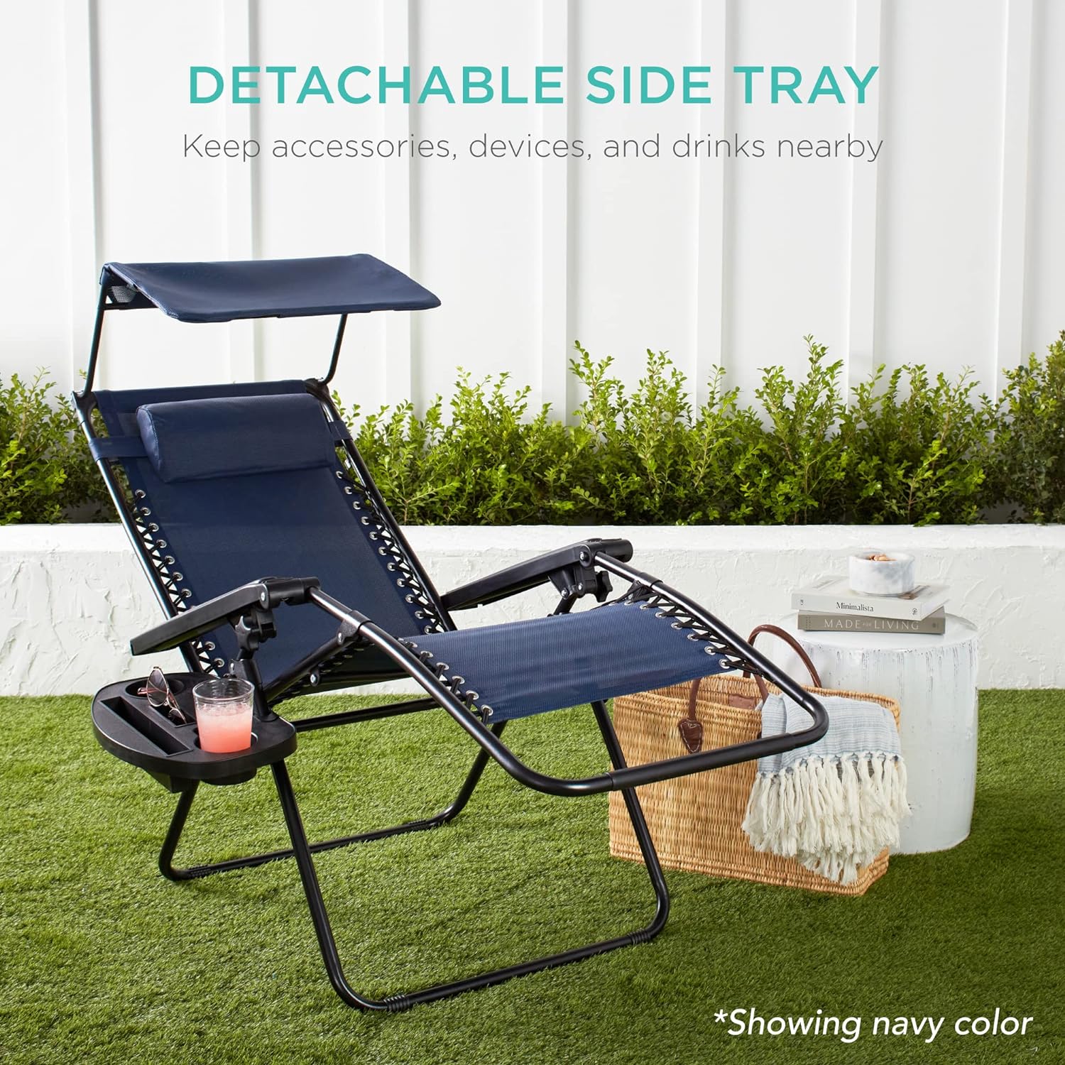 Best Choice Products – Silla Reclinable de Patio con Gravedad Cero, Ajustable y Plegable para Exteriores con Dosel, Almohada Cervical y Bandeja Lateral, Textileno – Azul Pavo Real