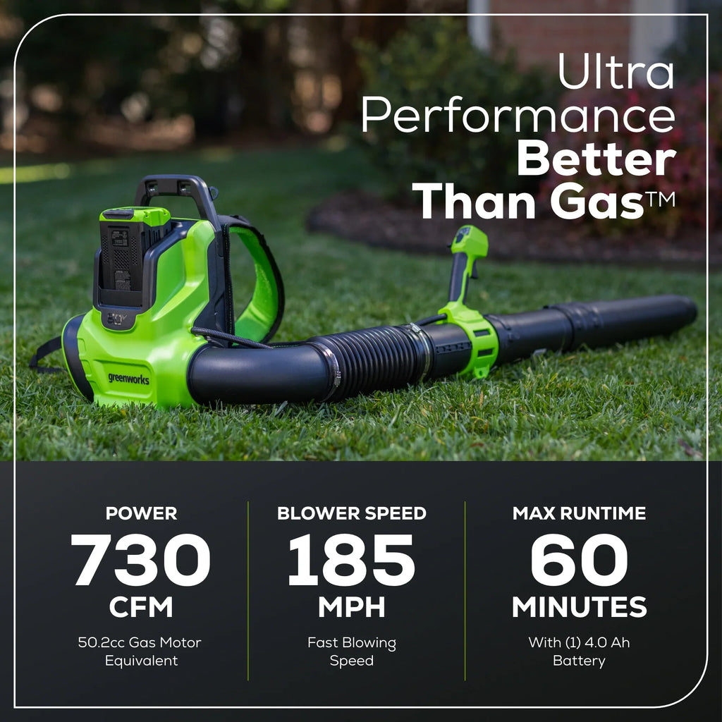 2025 Soplador de mochila inalámbrico 60V 730 CFM con batería de 4.0Ah y cargador 3A