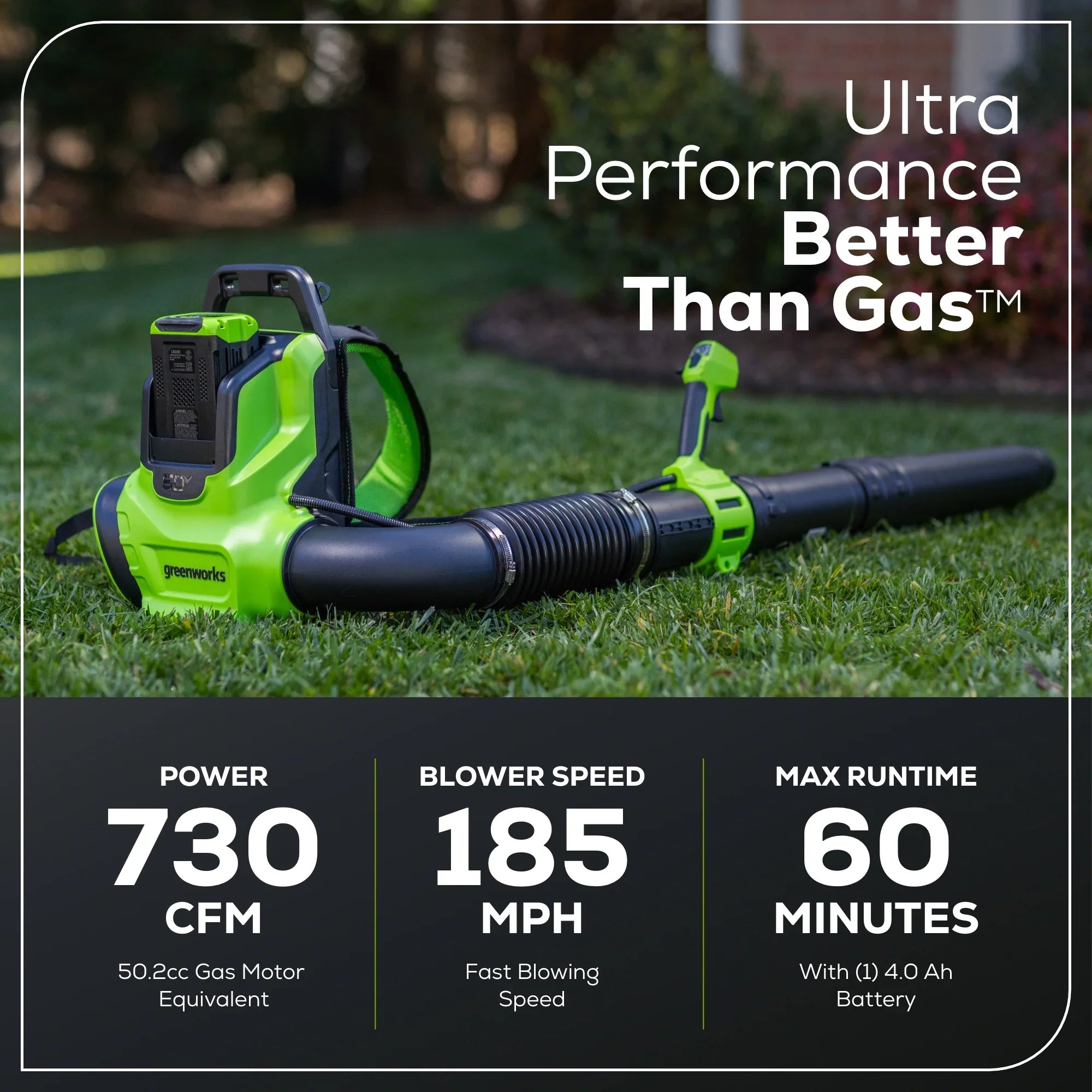 2025 Soplador de mochila inalámbrico 60V 730 CFM con batería de 4.0Ah y cargador 3A
