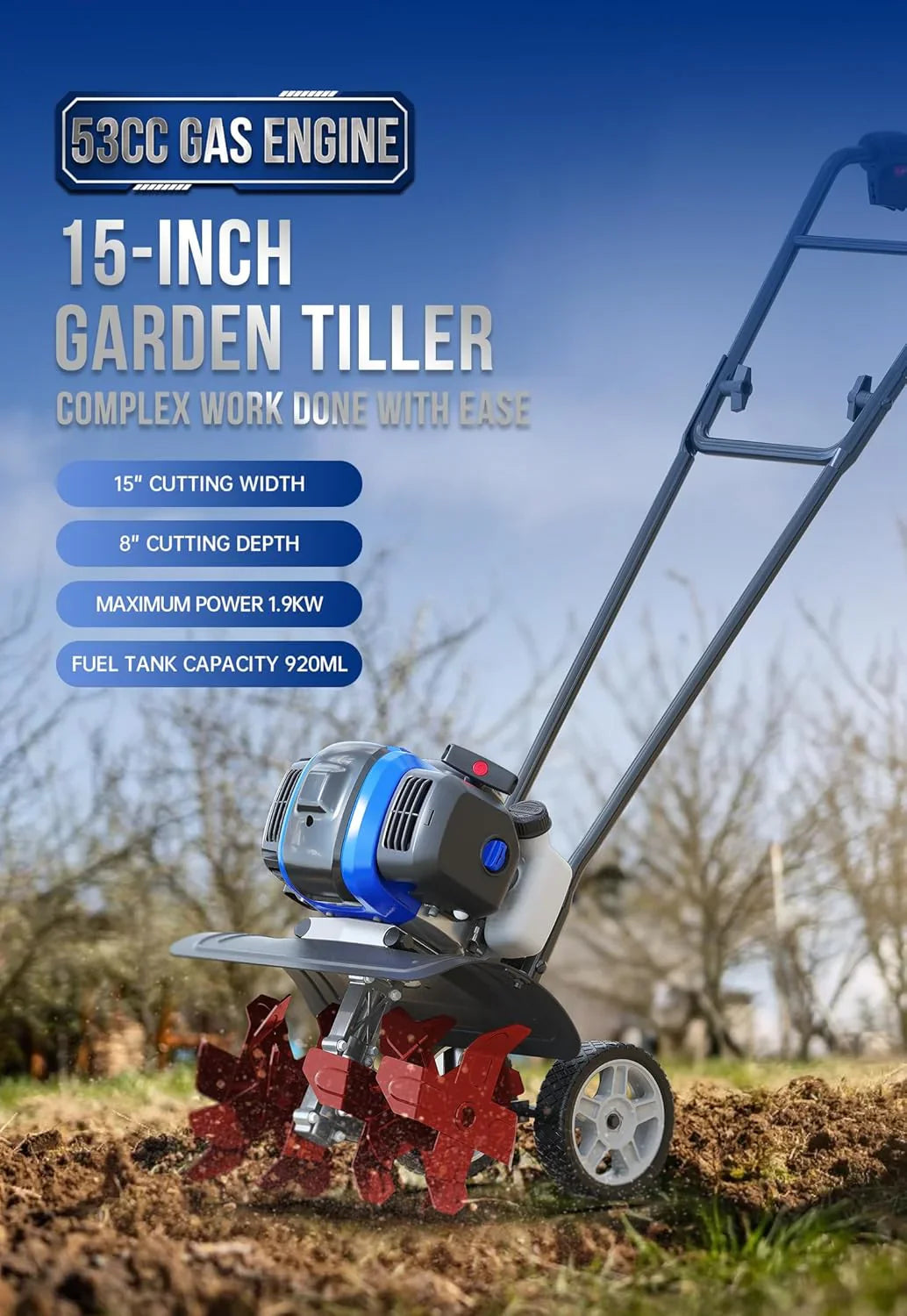 Cultivador de Jardín de 53cc – Mini Cultivador de 15 Pulgadas con Palanca Reforzada Desmontable, Herramienta de Labranza para Céspedes, Jardines y Campos