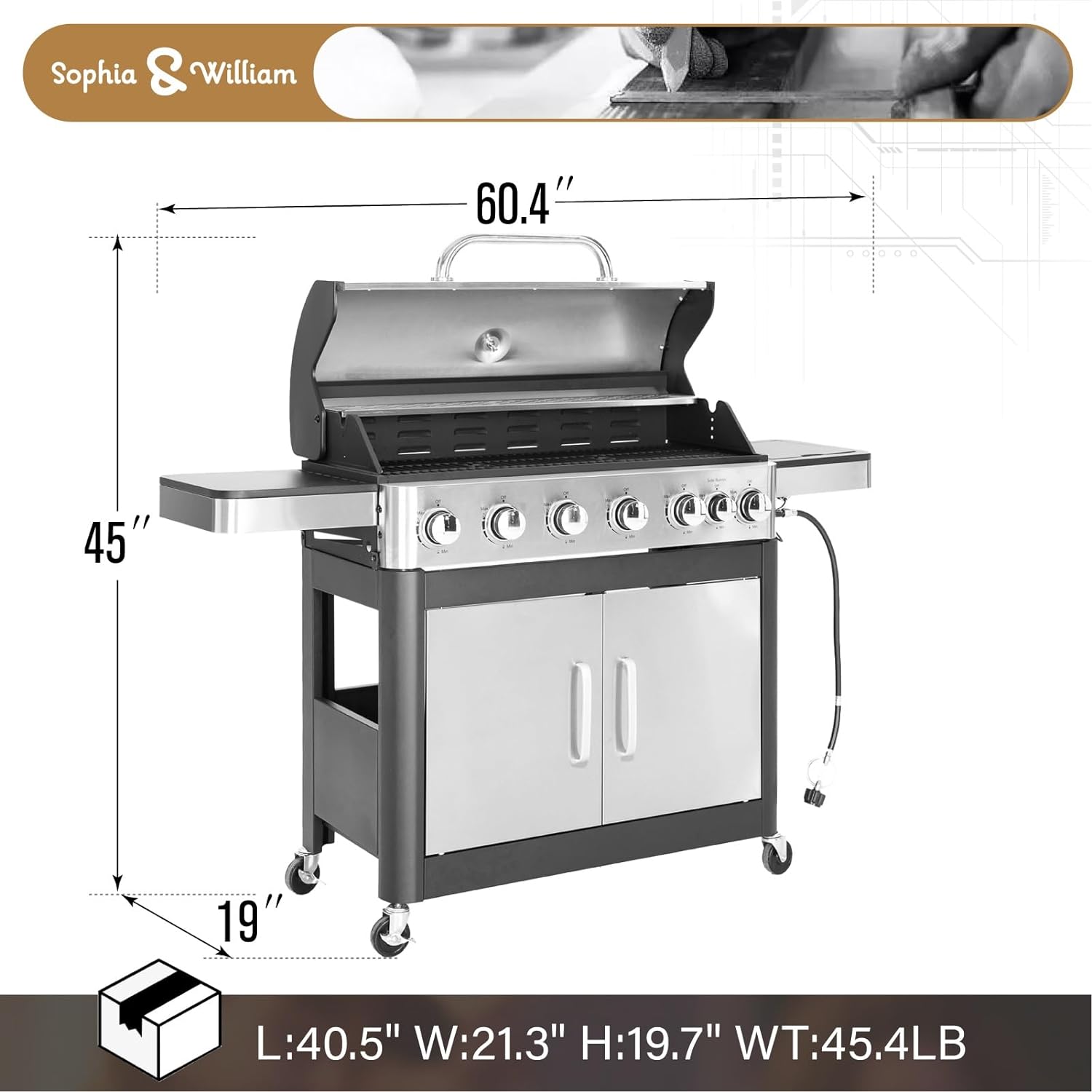 2025 Parrilla a Gas con Quemador Lateral y Parrilla de Hierro Fundido Esmalte Porcelánico 42,000 BTU, Parrilla Portátil de Acero Inoxidable, Propano