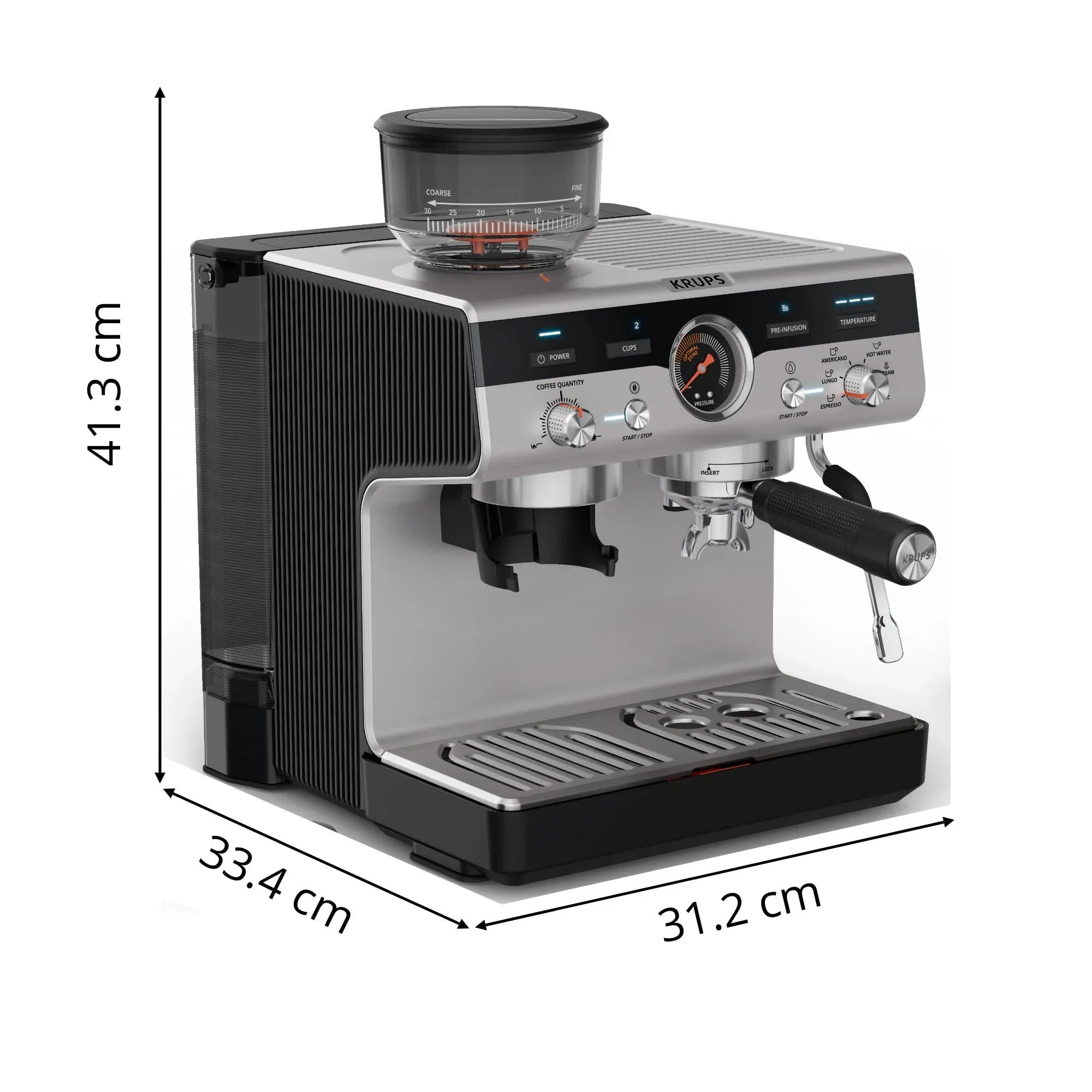 Krups Virtuoso Essential - Cafetera espresso 15 bar, acero inox negro, diseño compacto y elegante, parada automática, espresso y cappuccino, Thermoblock, boquilla de vapor, incluye cuchara, XP4418