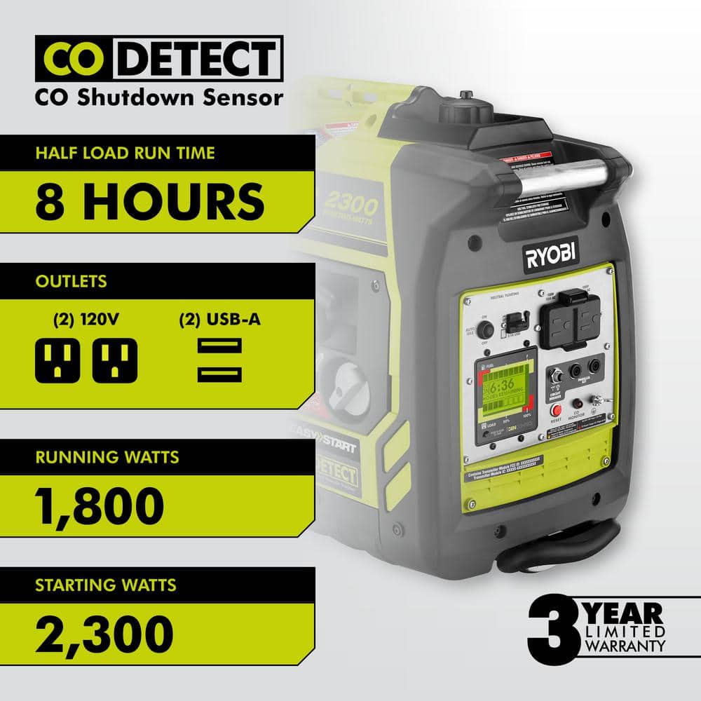 2025 Generador Inverter a Gasolina de 2,300 Vatios con Arranque por Retroceso y Sensor de Apagado por CO - RYi2322